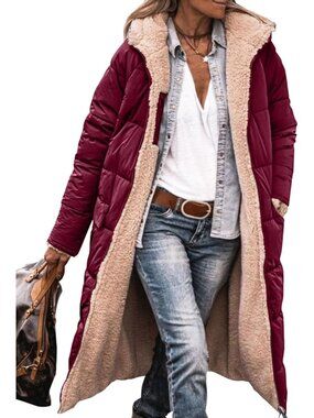 Women's Wine Red Winter Fleece Warm Long Coats Sherpa Faux Fur Hooded Neck